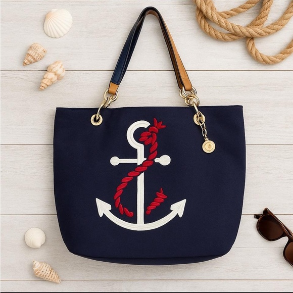 Tommy Hilfiger Handbags - Tommy Hilfiger Navy Anchor Tote Bag Canvas Nautical Red White Rope  Shoulder Bag
